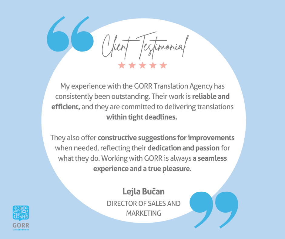 A review of GORR's professional translation services by the director of sales and marketing at One66 Hotel Ljubljana.