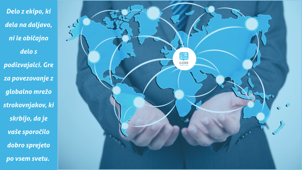 Zemljevid sveta, ki prikazuje, kako GORR povezuje ljudi in podjetja po svetu s profesionalnimi jezikovnimi storitvami.